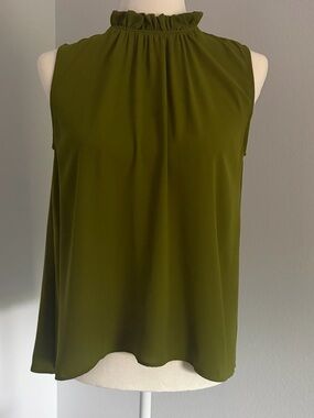 Sleeveless Ann Taylor Olive Green Ruffle Neck Top